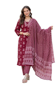 Rangnavi Women's Printed Pure Cotton Straight Kurta with Pants and Dupatta Set | Ethnic Set |Kurta Set – Red - image 1