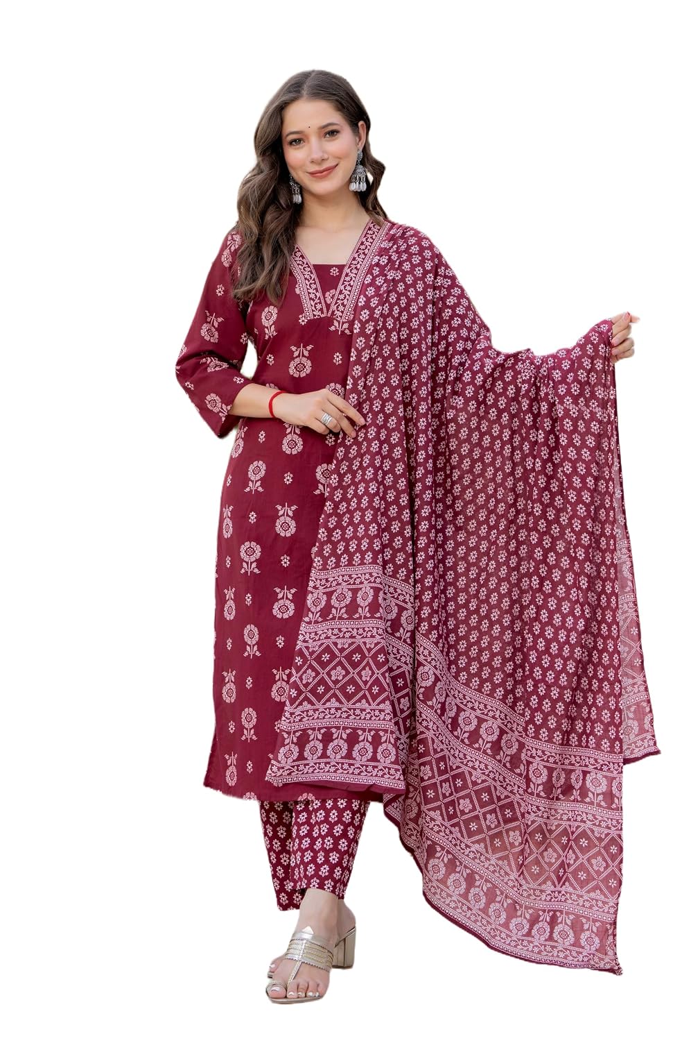 Rangnavi Women's Printed Pure Cotton Straight Kurta with Pants and Dupatta Set | Ethnic Set |Kurta Set – Red - image 1
