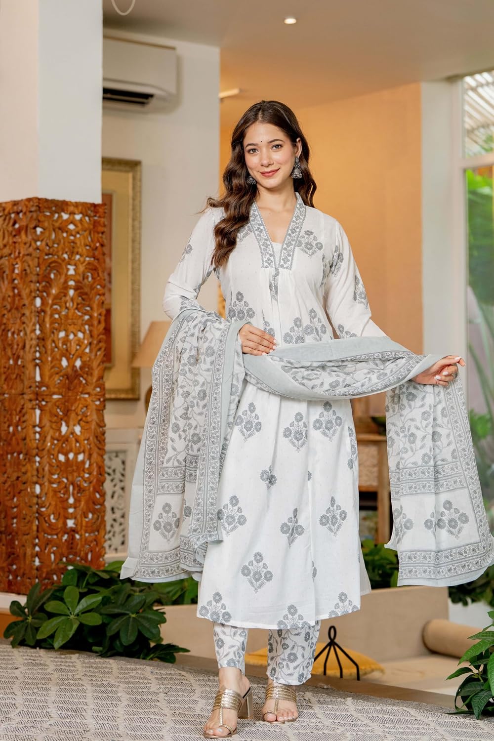 Rangnavi Women's Pure Cotton Anarkali Kurta with Pant & Dupatta Set | Ethnic Set | Kurta Set – GREY, PINK - image 2