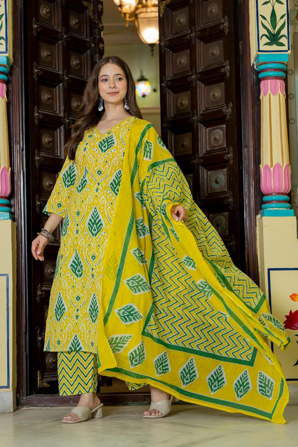 Rangnavi Women's Printed Pure Cotton Embroideried Straight Kurta with Pants and Dupatta Set | Ethnic Set |Kurta Set – LEMON, MUSTARD, WINE - image 5