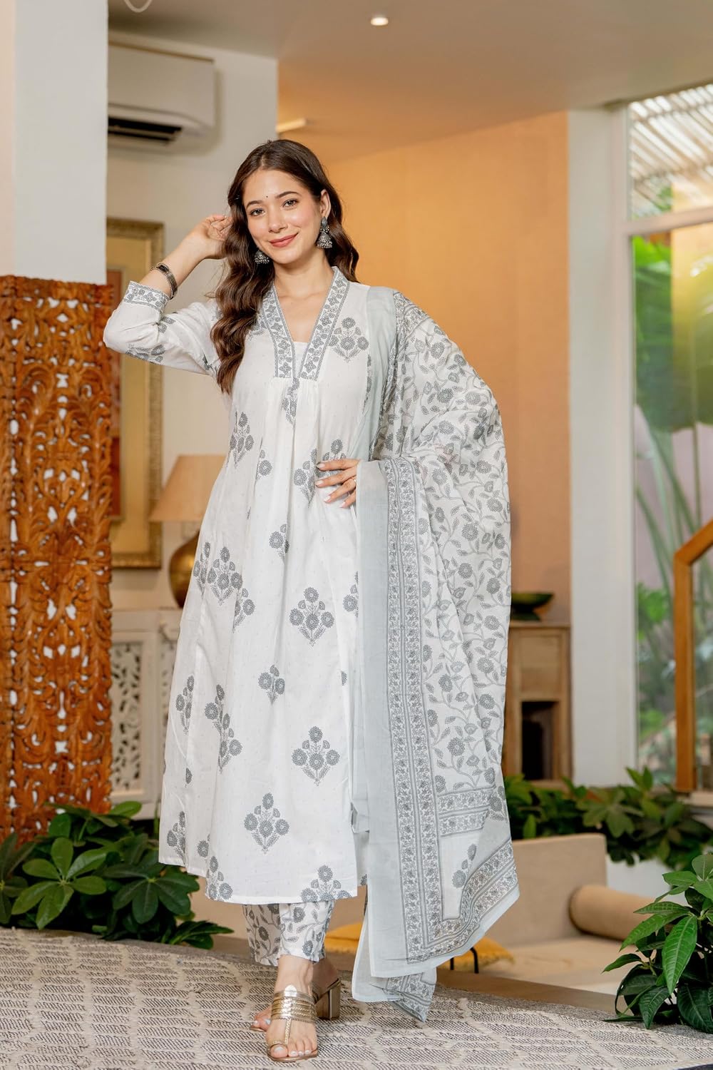 Rangnavi Women's Pure Cotton Anarkali Kurta with Pant & Dupatta Set | Ethnic Set | Kurta Set – GREY, PINK - image 5
