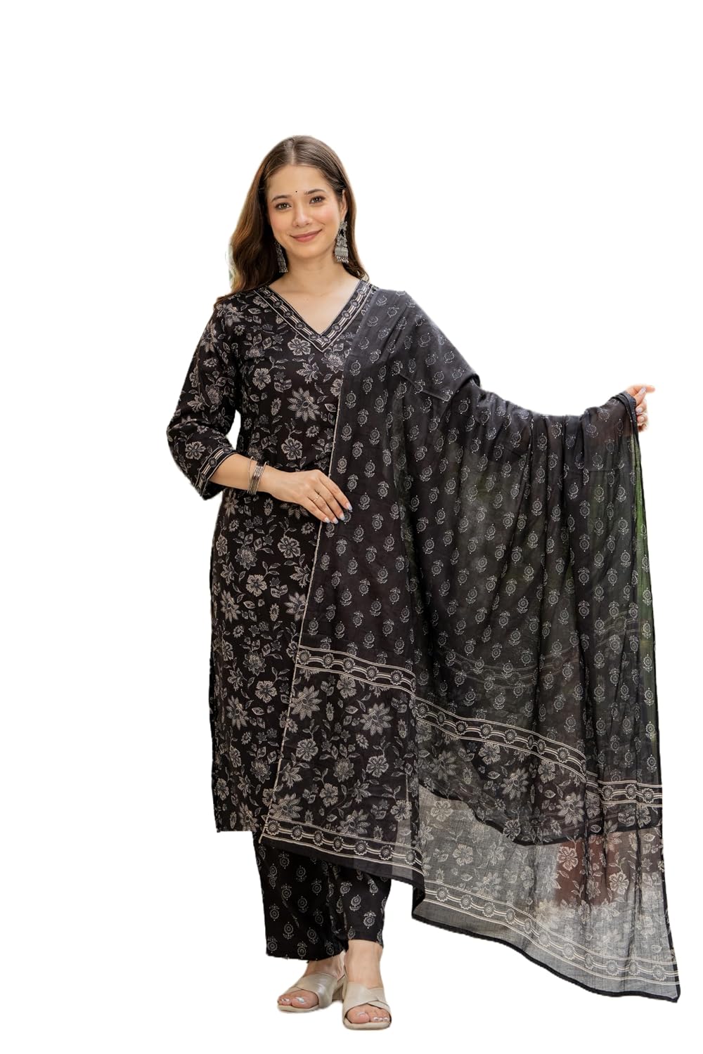 Rangnavi Women's Printed Pure Cotton V-Neck Straight Kurta with Pants and Dupatta Set | Ethnic Set |Kurta Set - image 1