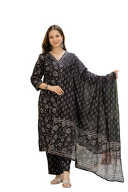 Rangnavi Women's Printed Pure Cotton V-Neck Straight Kurta with Pants and Dupatta Set | Ethnic Set |Kurta Set - image 1