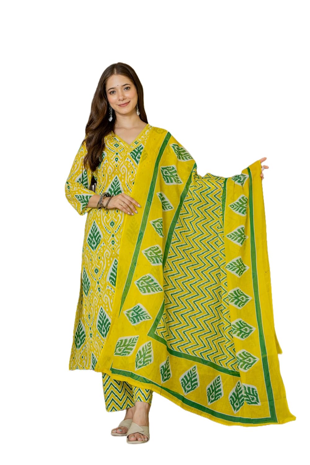 Rangnavi Women's Printed Pure Cotton Embroideried Straight Kurta with Pants and Dupatta Set | Ethnic Set |Kurta Set – LEMON, MUSTARD, WINE - image 1