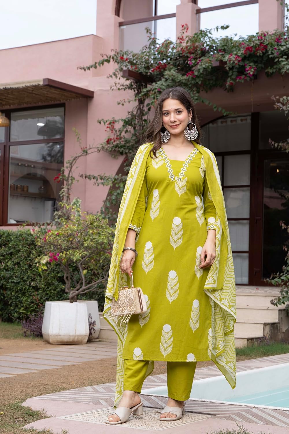 Rangnavi Women's Printed 100% Cotton Straight Kurta with Pants and Dupatta Set | Ethnic Set |Kurta Set – GREEN, PINK - image 3