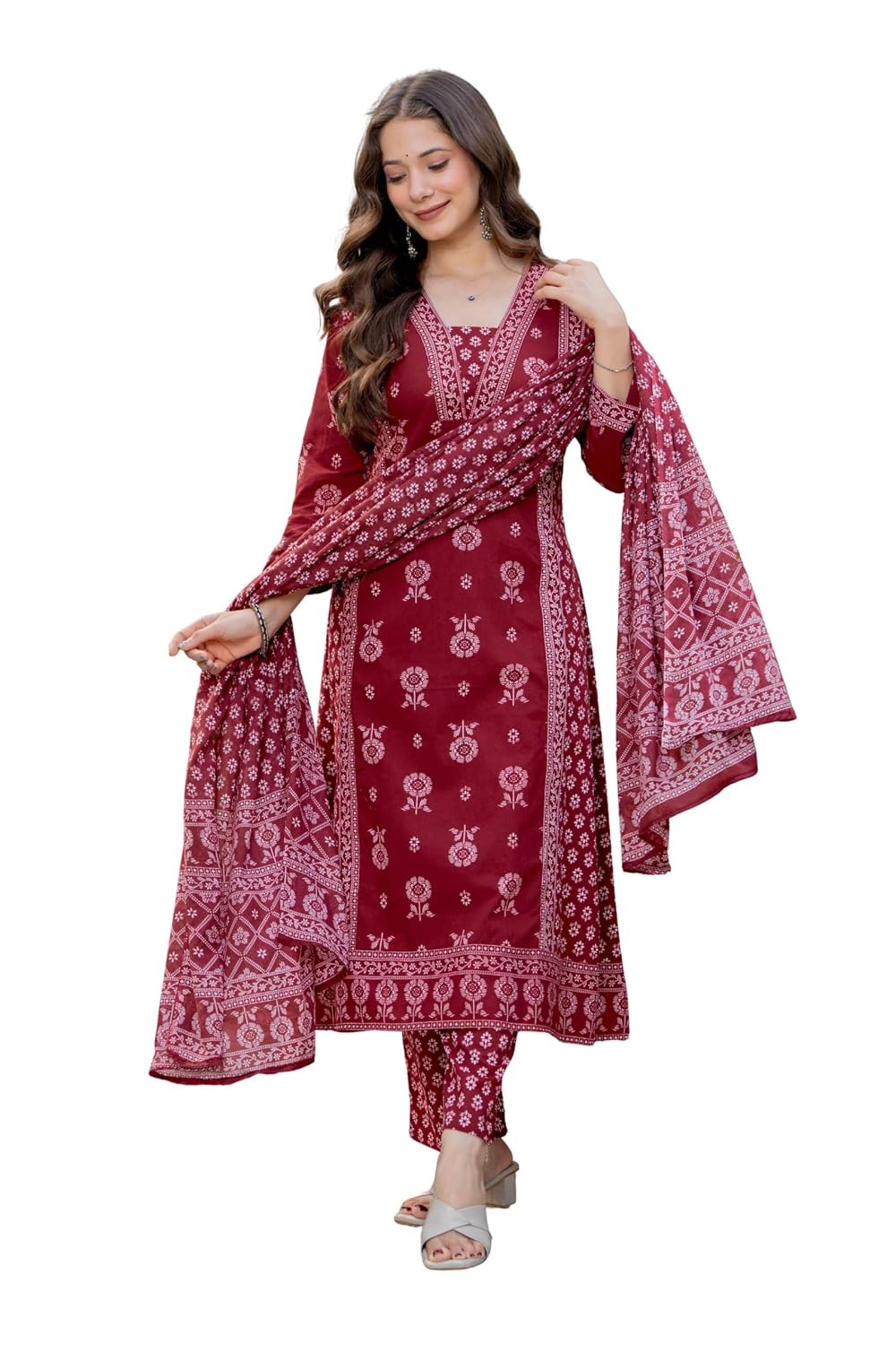 Rangnavi Women's Pure Cotton Anarkali Kurta with Pant & Dupatta Set | Ethnic Set | Kurta Set – MAROON, PURPLE, YELLOW - image 1