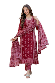 Rangnavi Women's Pure Cotton Anarkali Kurta with Pant & Dupatta Set | Ethnic Set | Kurta Set – MAROON, PURPLE, YELLOW - image 1
