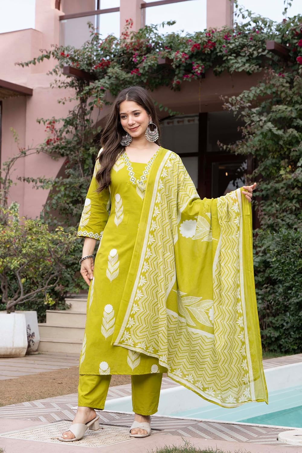 Rangnavi Women's Printed 100% Cotton Straight Kurta with Pants and Dupatta Set | Ethnic Set |Kurta Set – GREEN, PINK - image 2