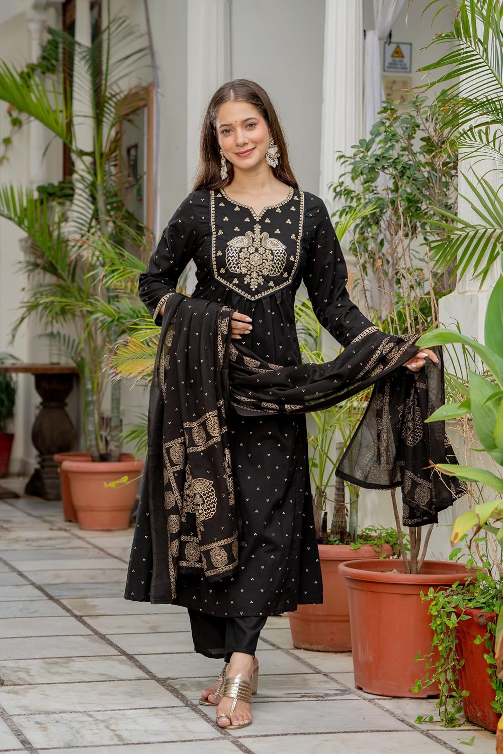 Rangnavi Women's Printed Pure Cotton Embroideried Straight Kurta with Pants and Dupatta Set | Ethnic Set |Kurta Set – BLACK - image 5