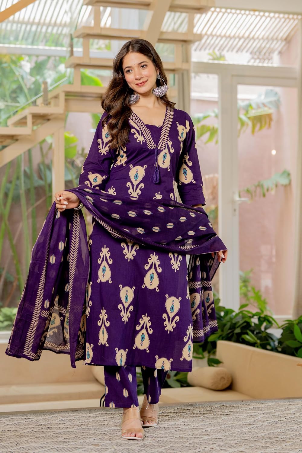 Rangnavi Women's Printed Pure Cotton Embroideried Straight Kurta with Pants and Dupatta Set | Ethnic Set |Kurta Set – PURPLE, Red - image 2