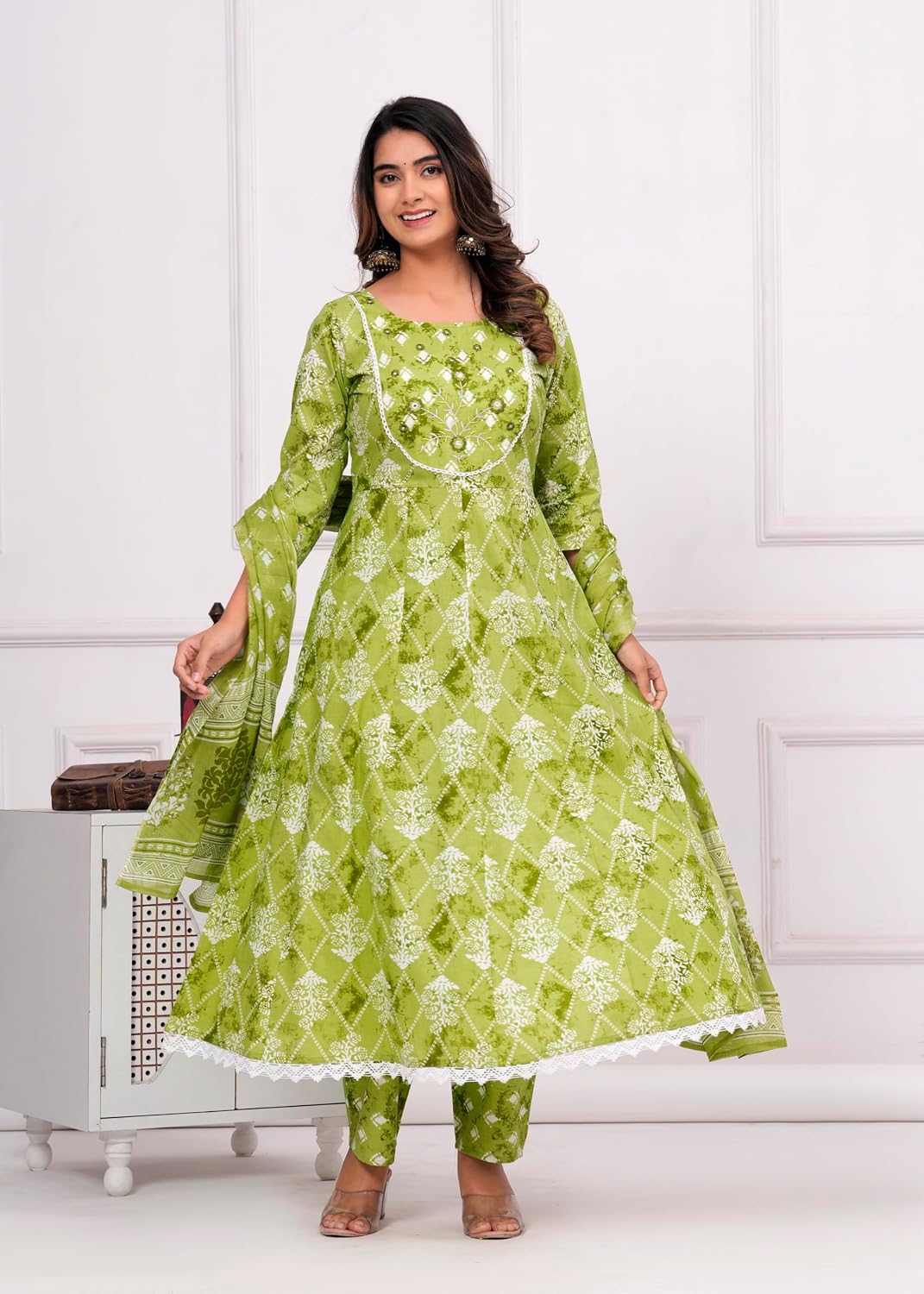 Rangnavi Women's Floral Print Cotton Anarkali Embroidered Kurta with Palazzo and Dupatta - image 3