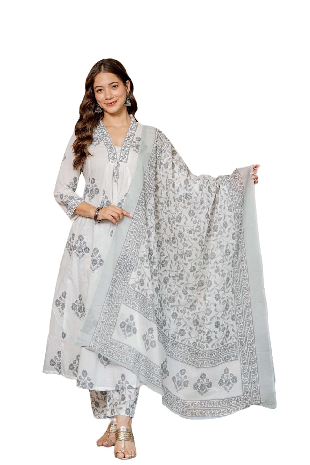 Rangnavi Women's Pure Cotton Anarkali Kurta with Pant & Dupatta Set | Ethnic Set | Kurta Set – GREY, PINK - image 1