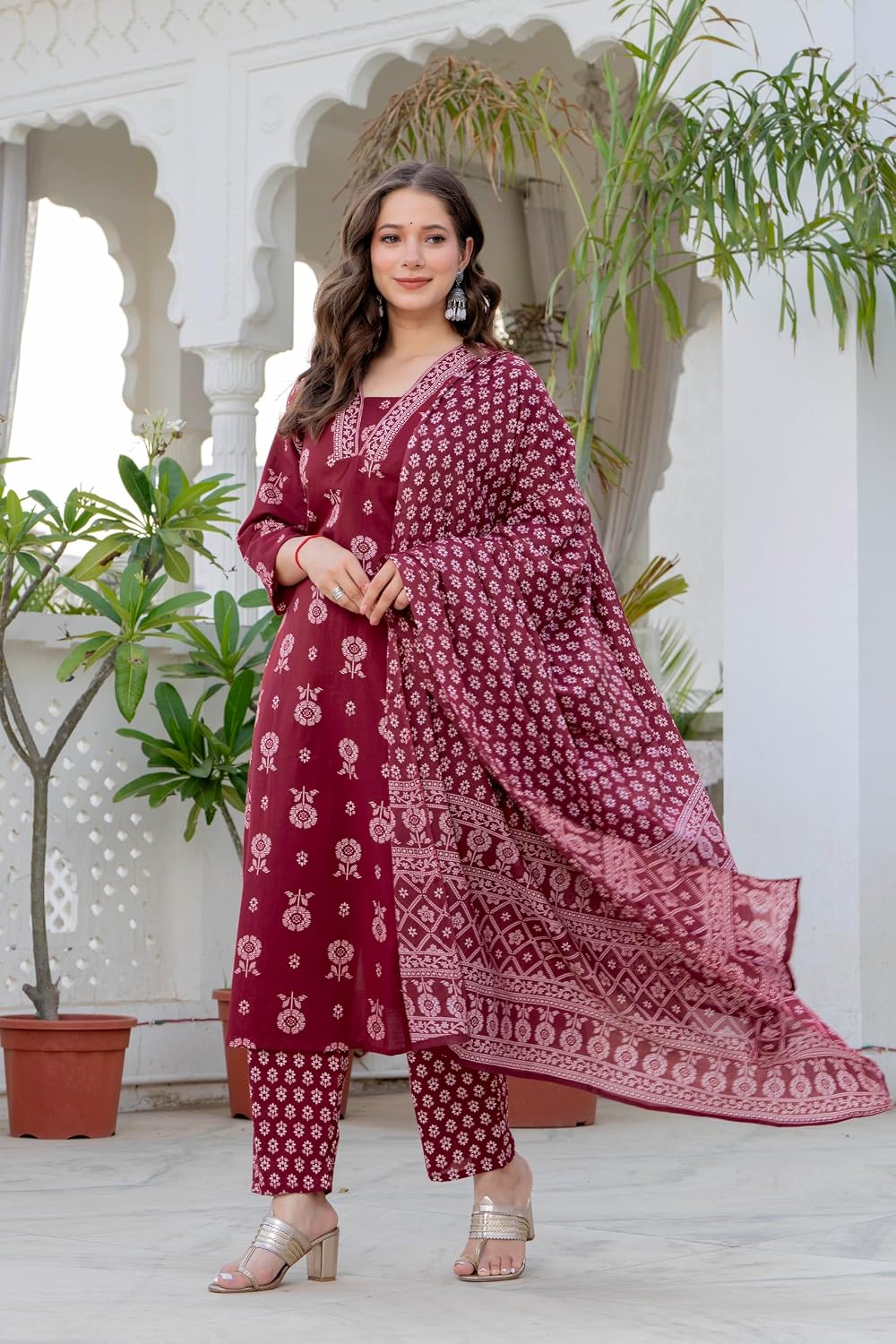 Rangnavi Women's Printed Pure Cotton Straight Kurta with Pants and Dupatta Set | Ethnic Set |Kurta Set – Red - image 3