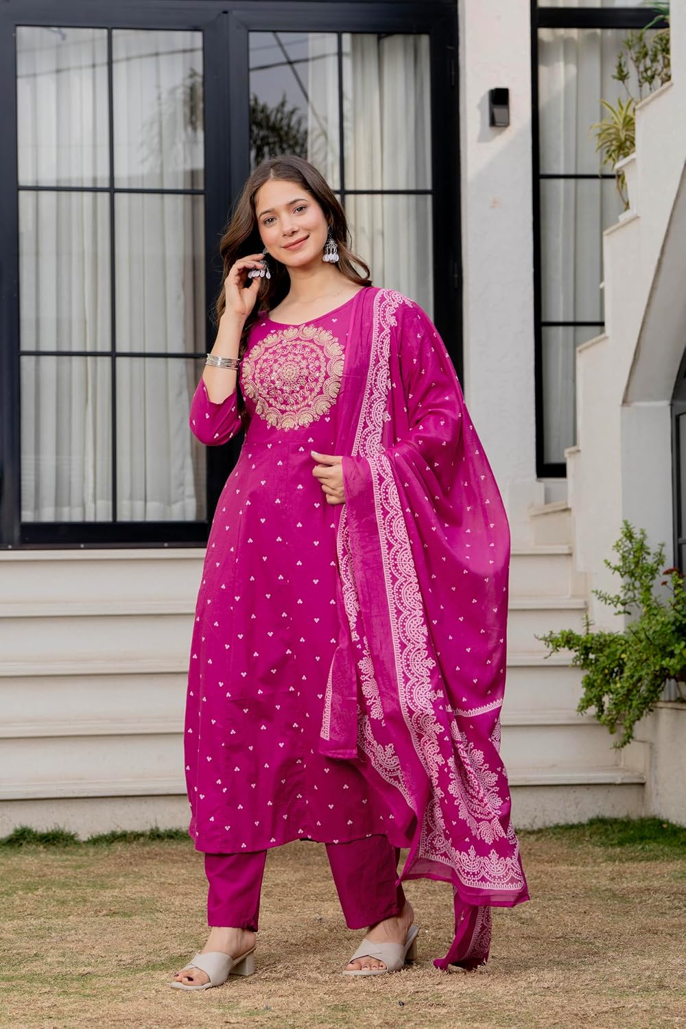 Rangnavi Women's Pure Cotton Anarkali Embroidered Kurta with Pant & Dupatta Set | Ethnic set | Kurta set - image 3