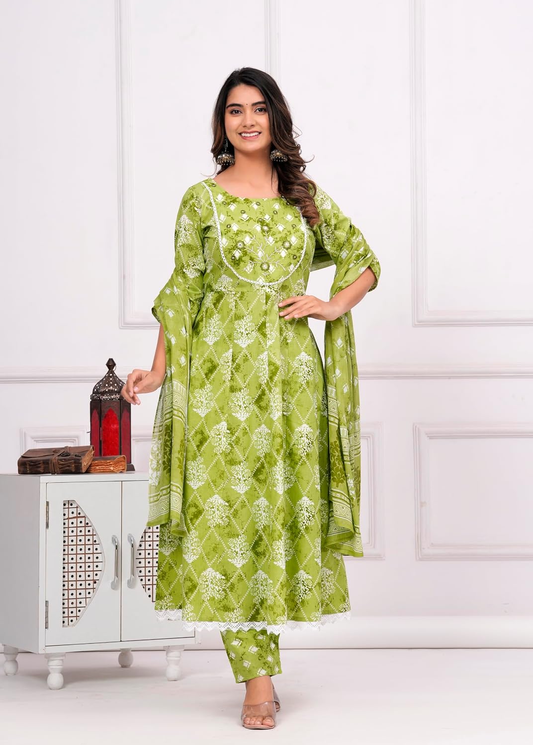 Rangnavi Women's Floral Print Cotton Anarkali Embroidered Kurta with Palazzo and Dupatta - image 6