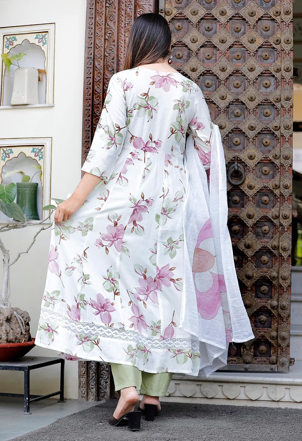 Rangnavi Women Rayon Anarkali Embroidered Printed Kurta Pant and Dupatta Set – White-Pista - image 3