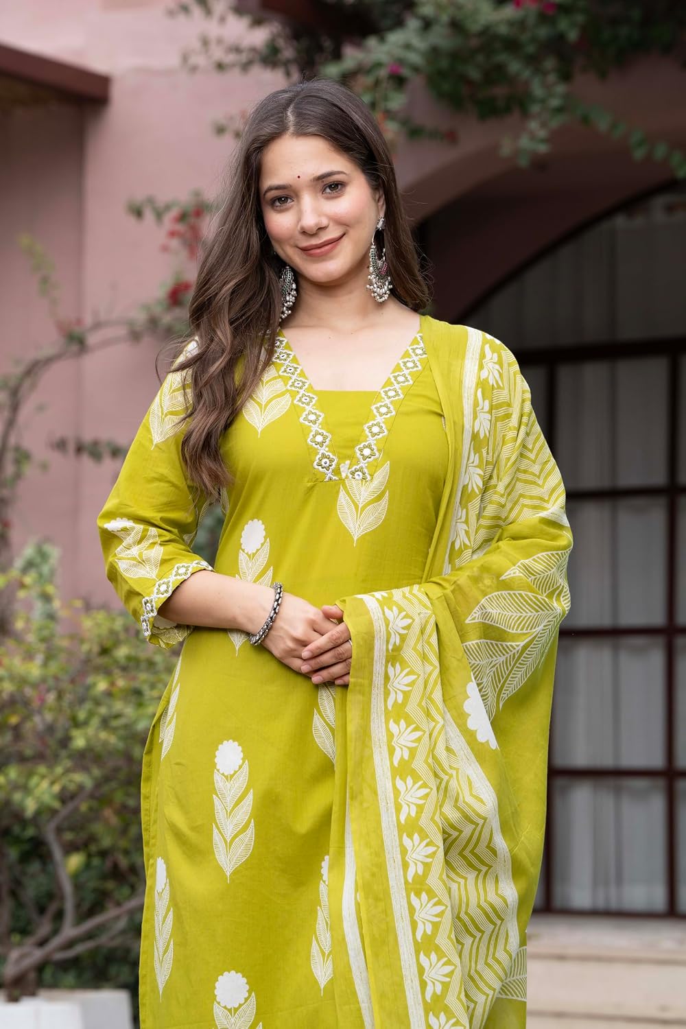 Rangnavi Women's Printed 100% Cotton Straight Kurta with Pants and Dupatta Set | Ethnic Set |Kurta Set – GREEN, PINK - image 4