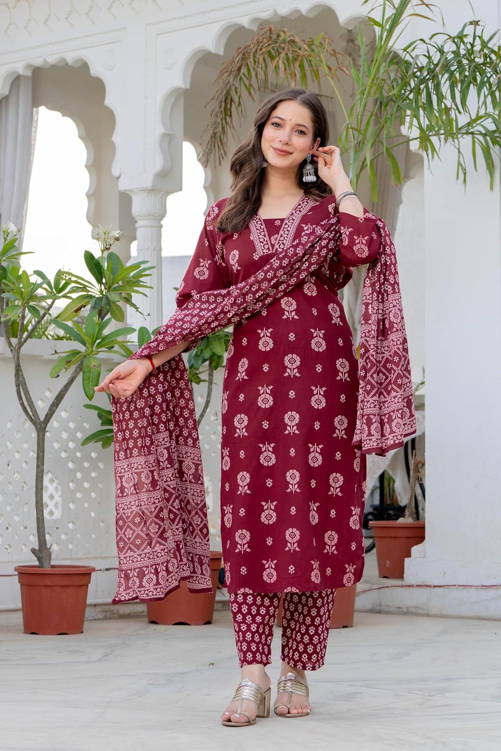 Rangnavi Women's Printed Pure Cotton Straight Kurta with Pants and Dupatta Set | Ethnic Set |Kurta Set – Red - image 5
