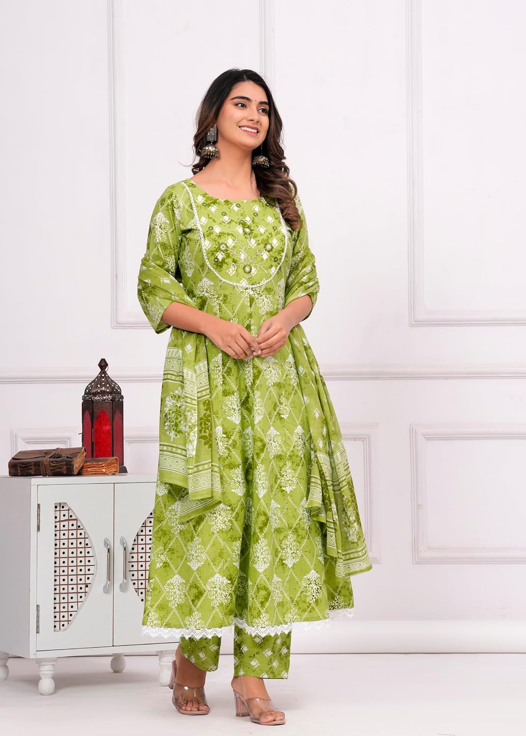 Rangnavi Women's Floral Print Cotton Anarkali Embroidered Kurta with Palazzo and Dupatta - image 2