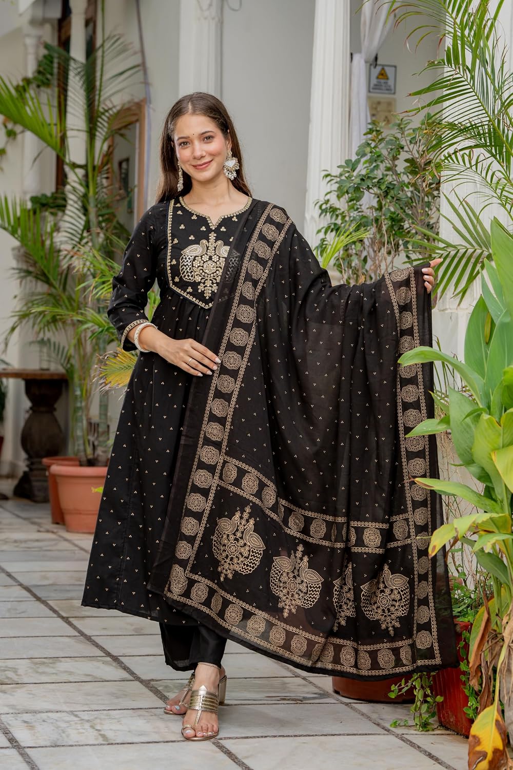Rangnavi Women's Printed Pure Cotton Embroideried Straight Kurta with Pants and Dupatta Set | Ethnic Set |Kurta Set – BLACK - image 3
