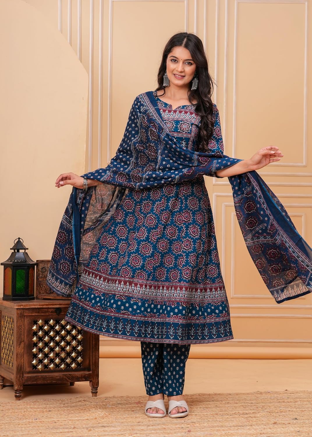 Rangnavi Women's Premium Cotton Anarkali Kurta with Pants and Dupatta Set | Ethnic Set - image 2