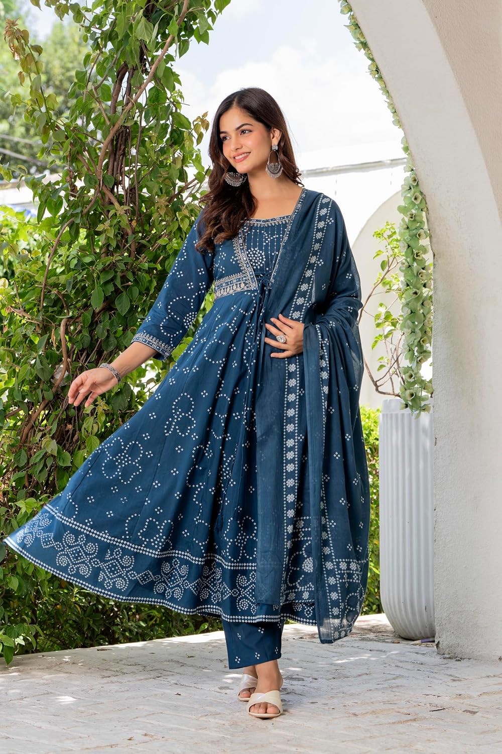 Rangnavi Women's Cotton Trending Anarkali Embroidered Kurta with Pants and Dupatta Set | Ethnic Set (Blue) - image 2