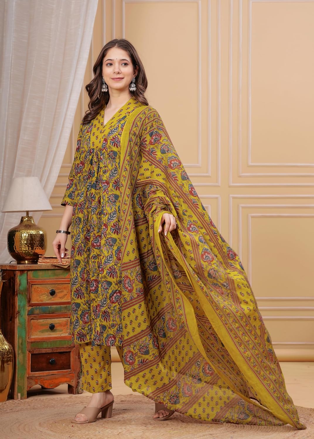 Rangnavi Women's Cotton Anarkali Printed Kurta with Palazzo & Dupatta - image 5