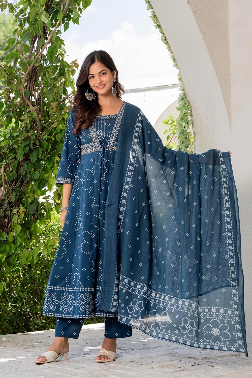 Rangnavi Women's Cotton Trending Anarkali Embroidered Kurta with Pants and Dupatta Set | Ethnic Set (Blue) - image 3
