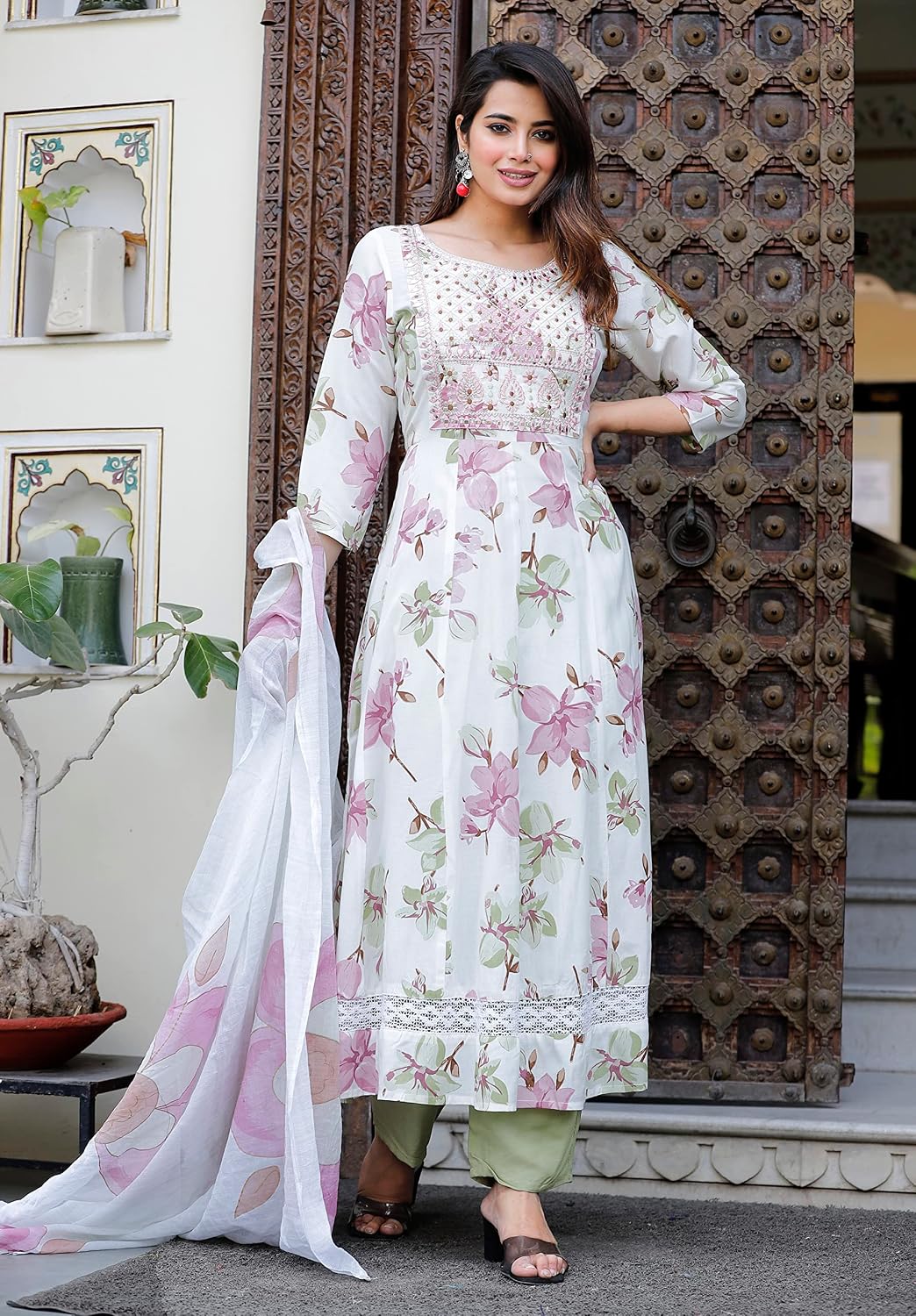 Rangnavi Women Rayon Anarkali Embroidered Printed Kurta Pant and Dupatta Set – White-Pista - image 5