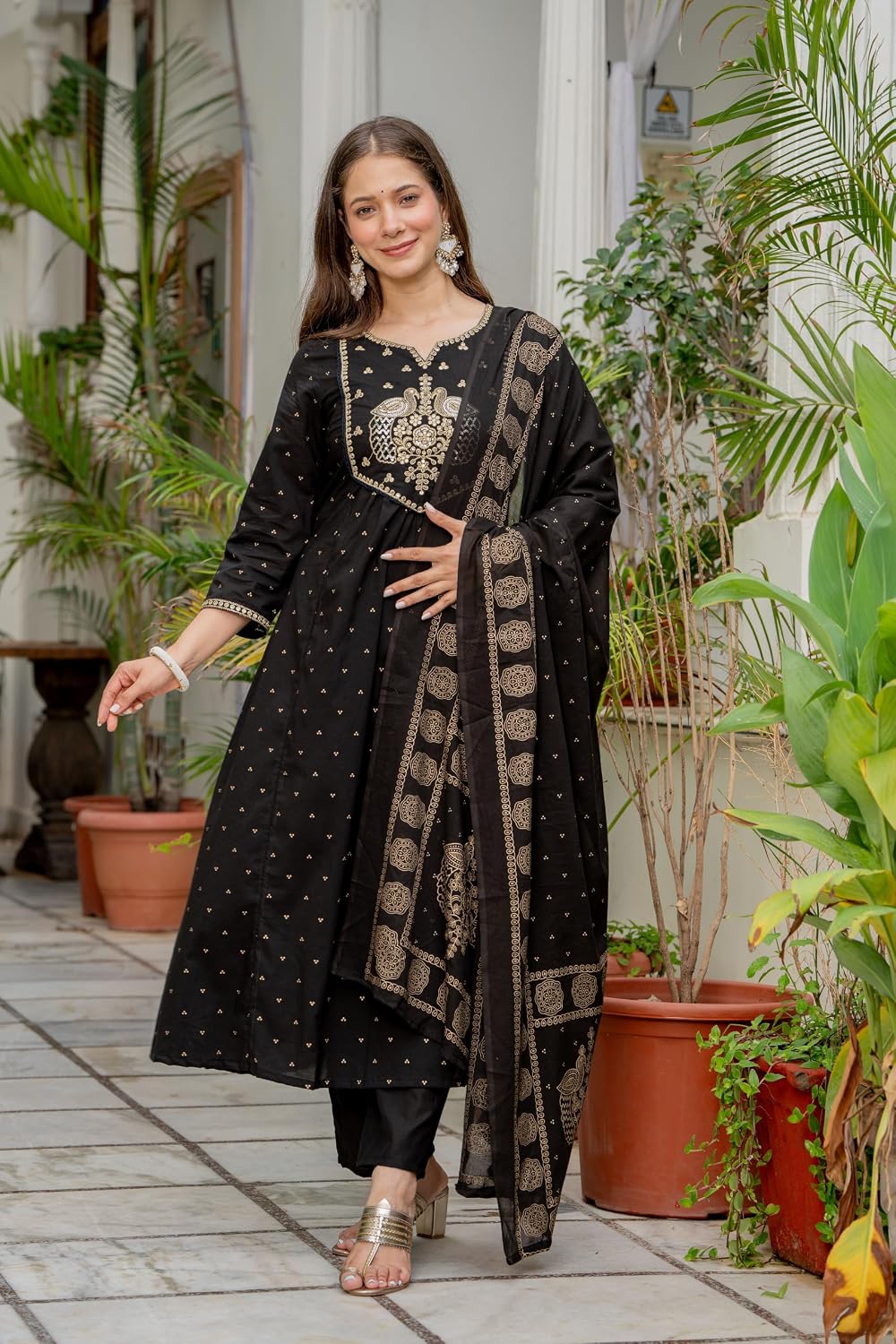Rangnavi Women's Printed Pure Cotton Embroideried Straight Kurta with Pants and Dupatta Set | Ethnic Set |Kurta Set – BLACK - image 2