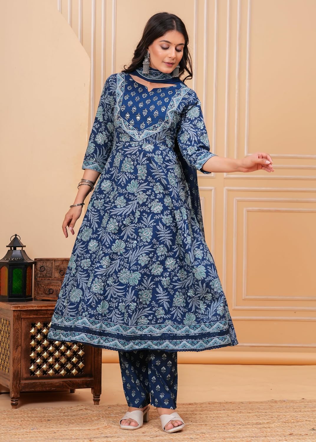Rangnavi Women's Cotton Anarkali Kurta with Pants and Dupatta Set | Ethnic Set - image 2