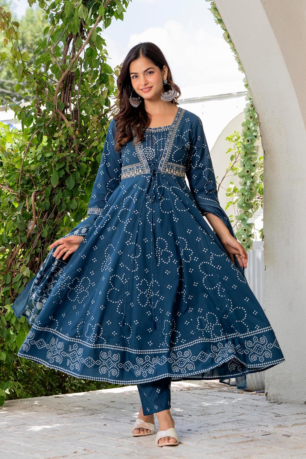 Rangnavi Women's Cotton Trending Anarkali Embroidered Kurta with Pants and Dupatta Set | Ethnic Set (Blue) - image 5