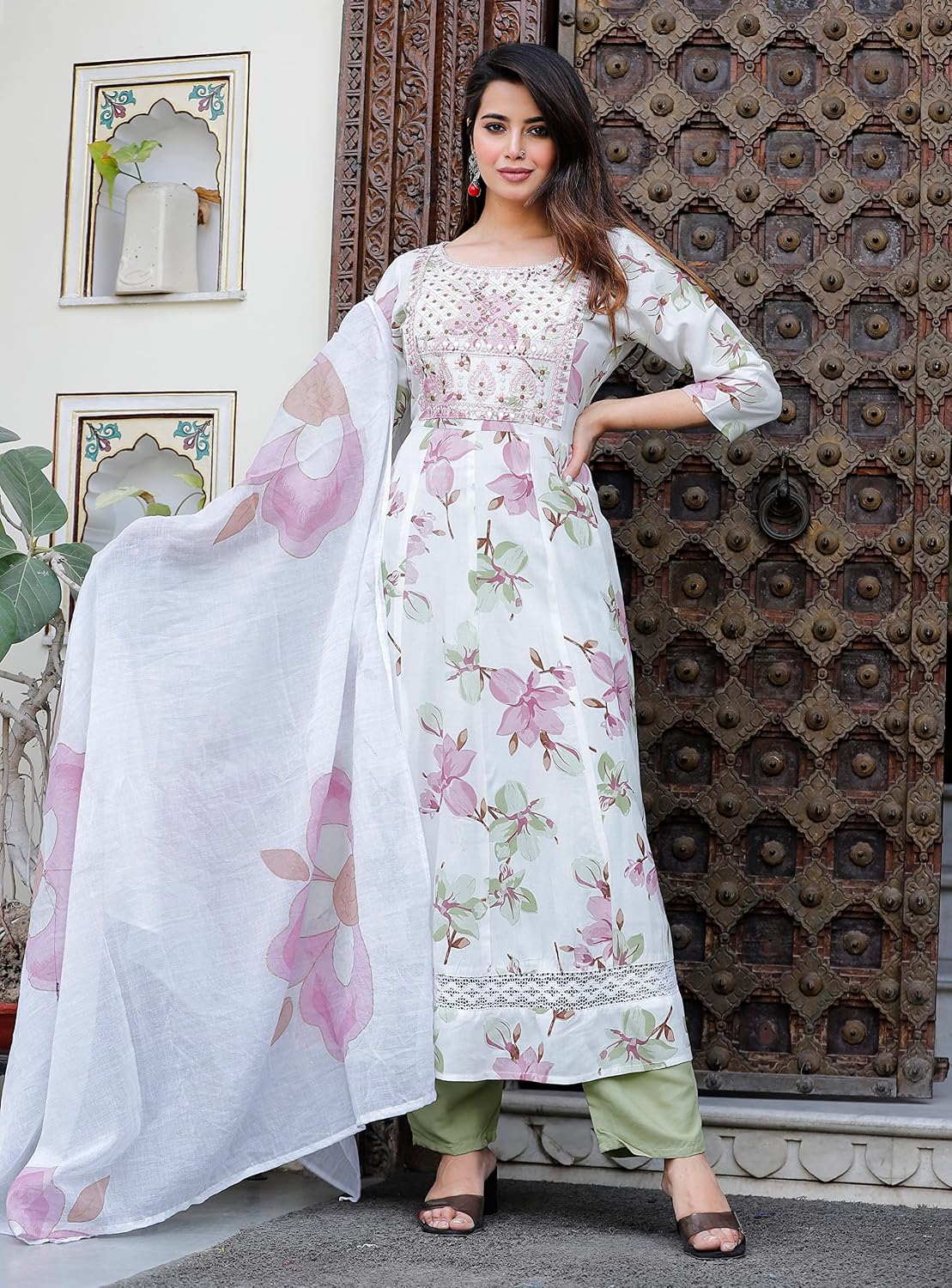 Rangnavi Women Rayon Anarkali Embroidered Printed Kurta Pant and Dupatta Set – White-Pista - image 2