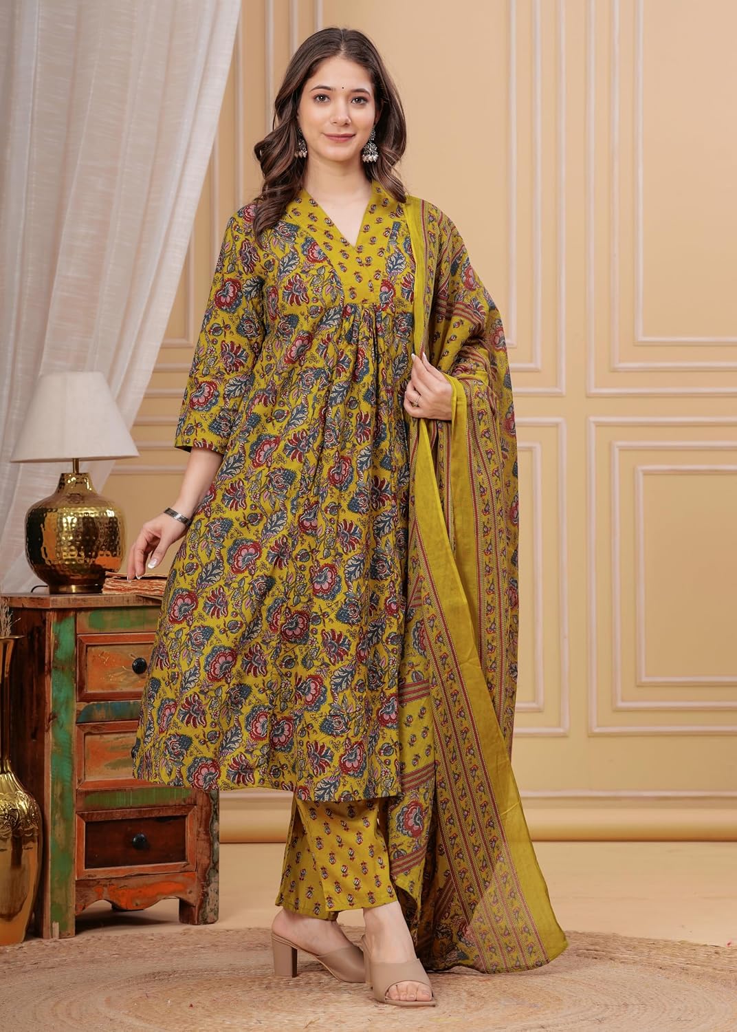 Rangnavi Women's Cotton Anarkali Printed Kurta with Palazzo & Dupatta - image 2
