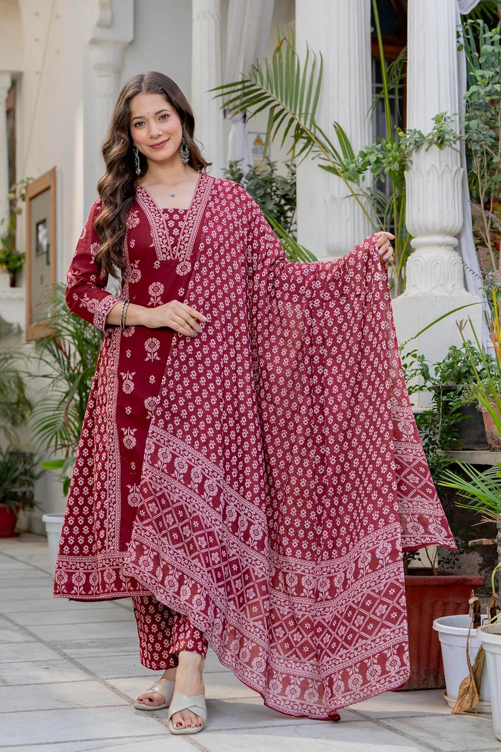 Rangnavi Women's Pure Cotton Anarkali Kurta with Pant & Dupatta Set | Ethnic Set | Kurta Set – MAROON, PURPLE, YELLOW - image 2